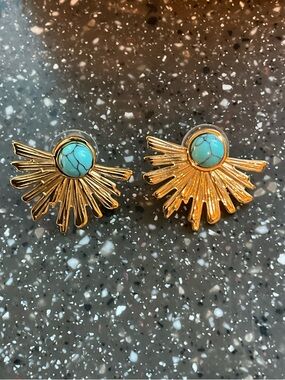 Jbloom Molly Earrings Gold Sunburst Studs with Turquoise Stone
